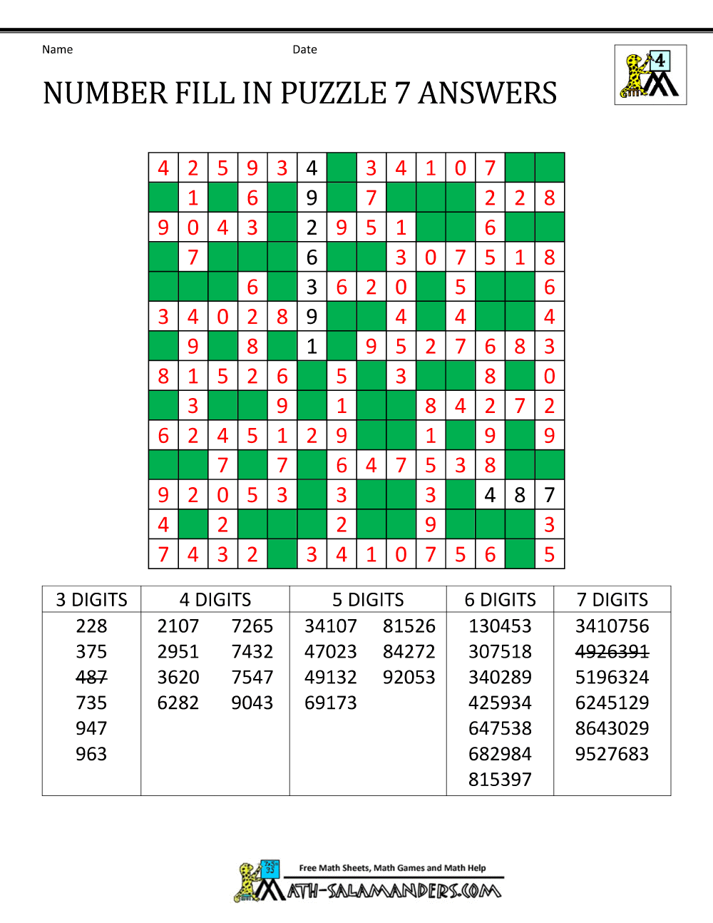 Number Fill In Puzzles