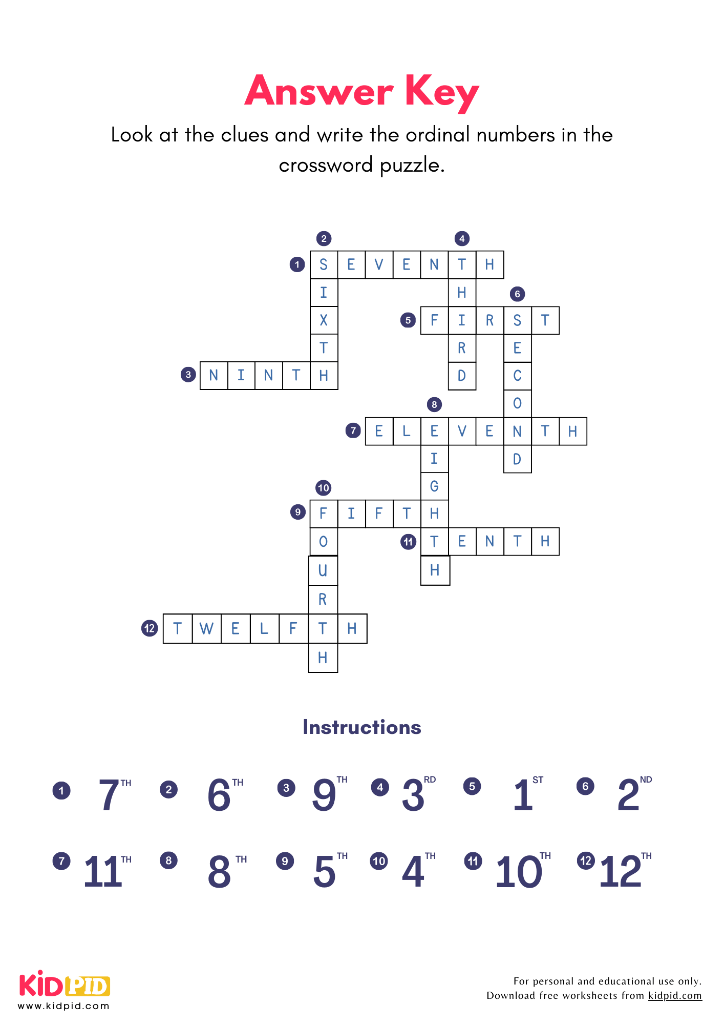 ordinal numbers crossword puzzle worksheets for grade 1 kidpid