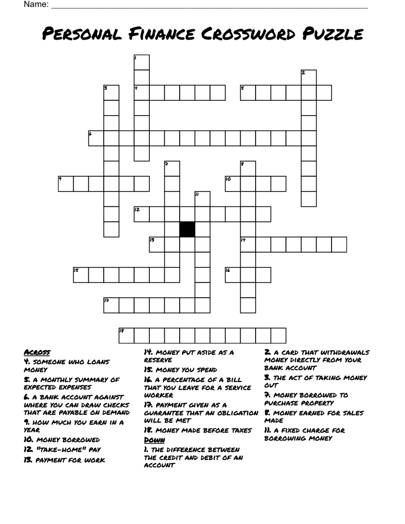 Personal Finance Crossword Puzzle WordMint