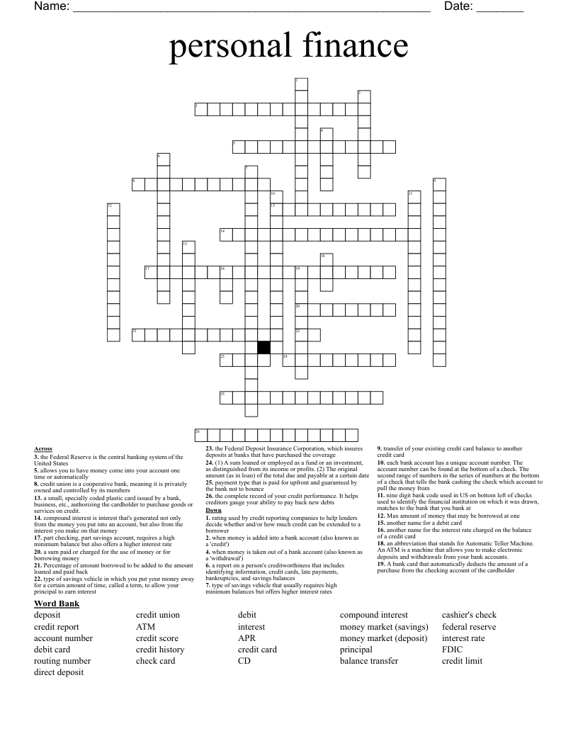 Personal Finance Crossword WordMint