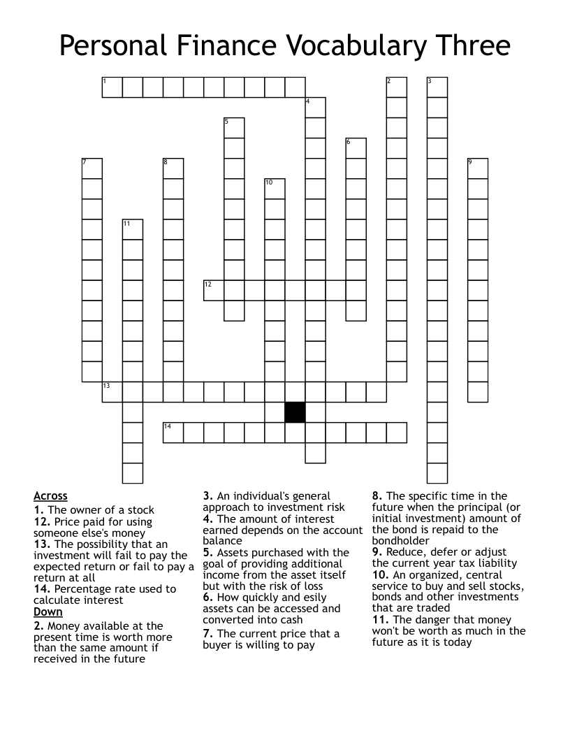 Personal Finance Vocabulary Three Crossword WordMint