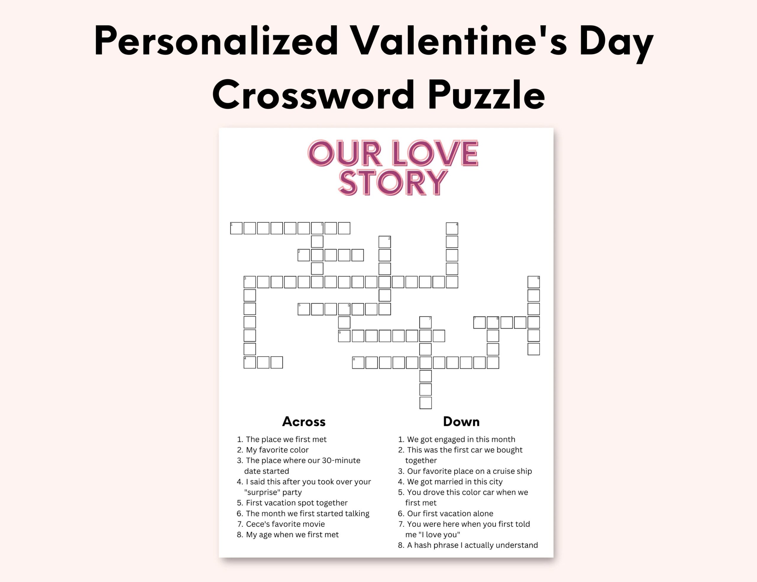 Personalized Valentine s Day Crossword Puzzle Custom Valentine s Day Puzzle Anniversary Gift Wedding Crossword Engagement Crossword