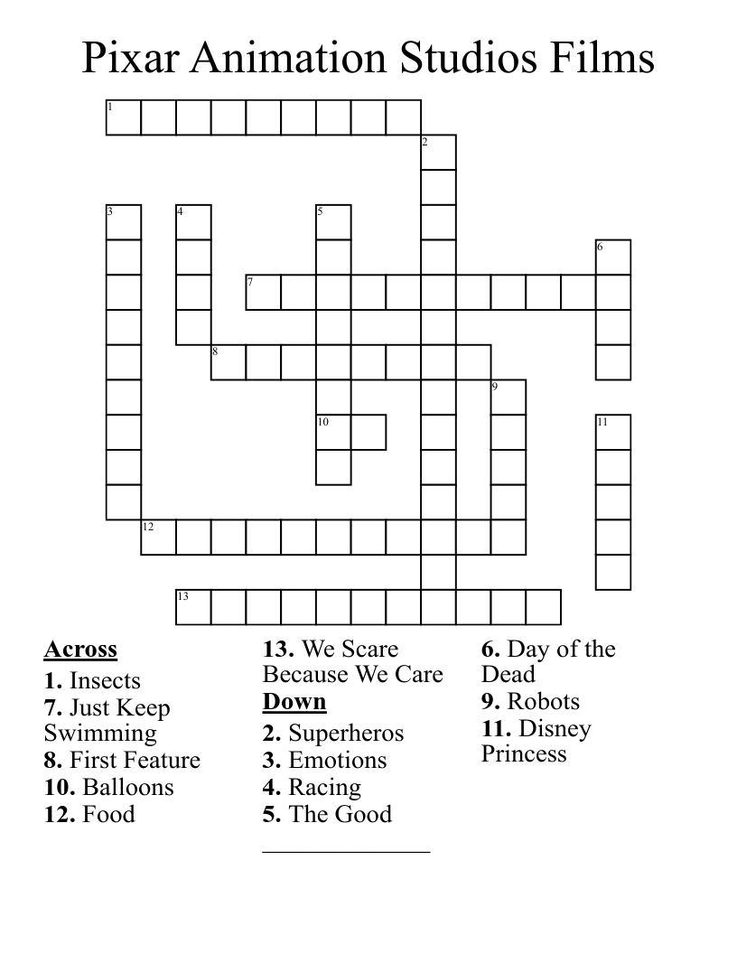 Pixar Animation Studios Films Crossword WordMint