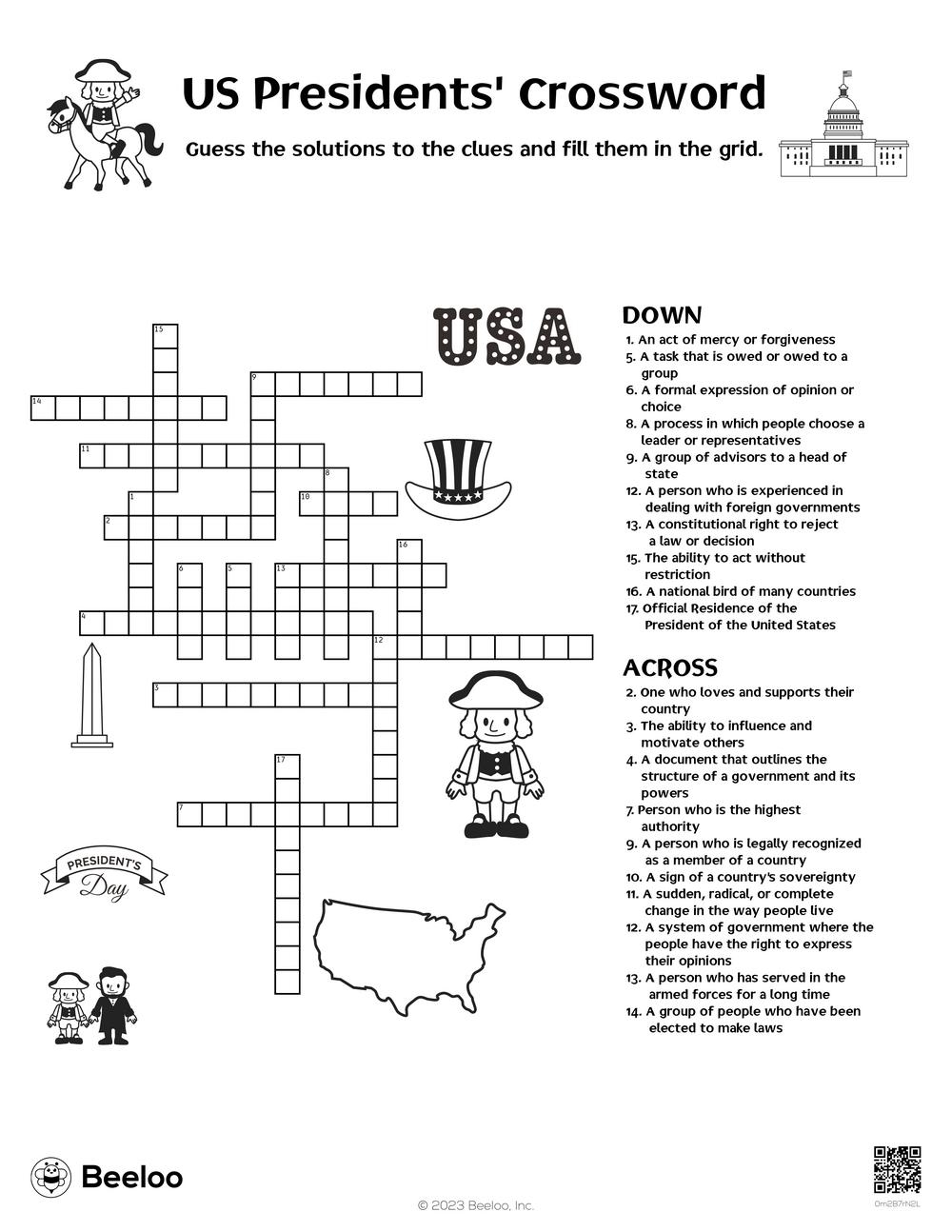 Presidents Day themed Crossword Puzzles Beeloo Printable Crafts And Activities For Kids