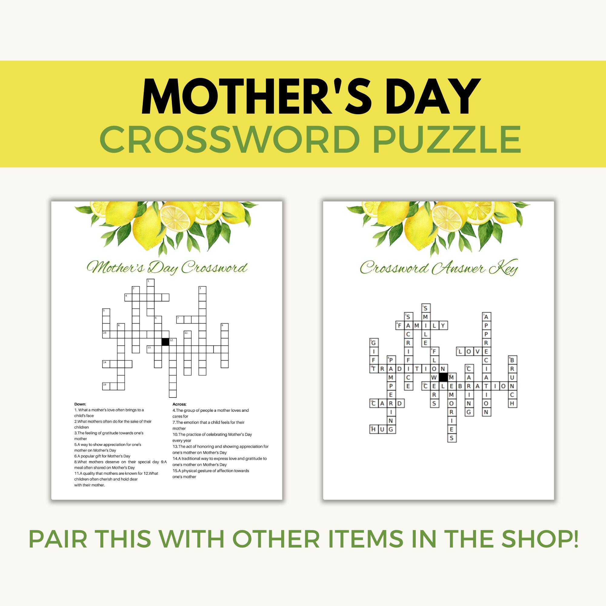 Printable Mother s Day Crossword Puzzle With Answers Test Your Knowledge Party Game Brunch Activity Lemon Themed Digital Challenge Etsy