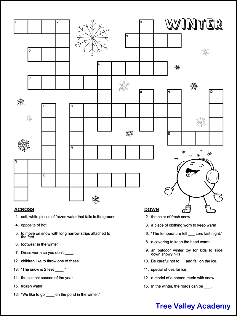 printable winter crossword puzzles for kids tree valley academy worksheets library