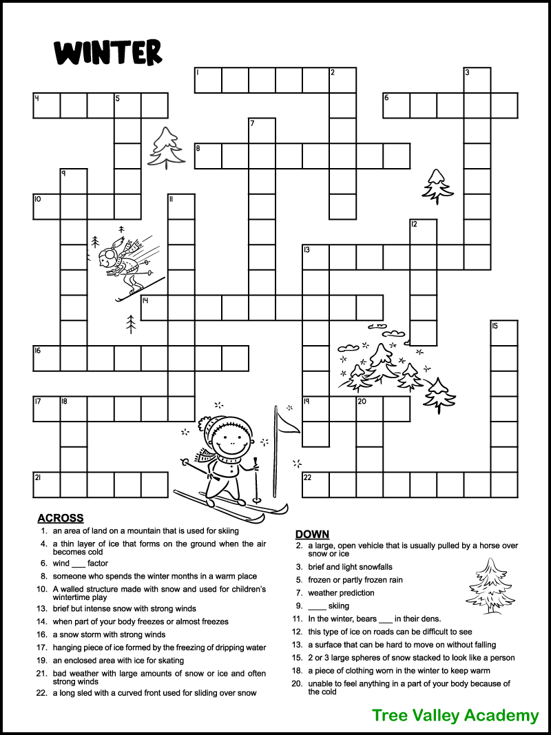 printable winter crossword puzzles for kids tree valley academy worksheets library