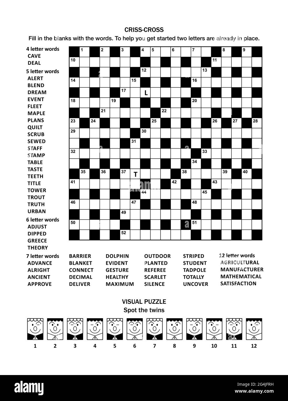 puzzle page with two puzzles 19x19 criss cross fill in crossword word game english language and visual puzzle with whimsical faces stock vector image art alamy
