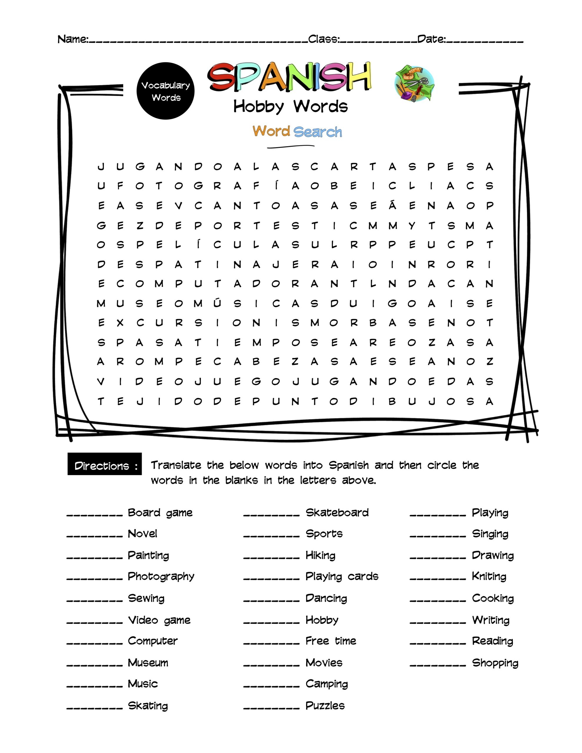 Spanish Hobby Free Time Vocabulary Word Search Answer Key Made By Teachers