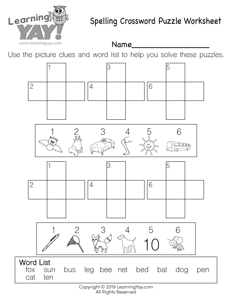 Spelling Crossword Puzzle Worksheet For 1st Grade Free Printable Worksheets Library