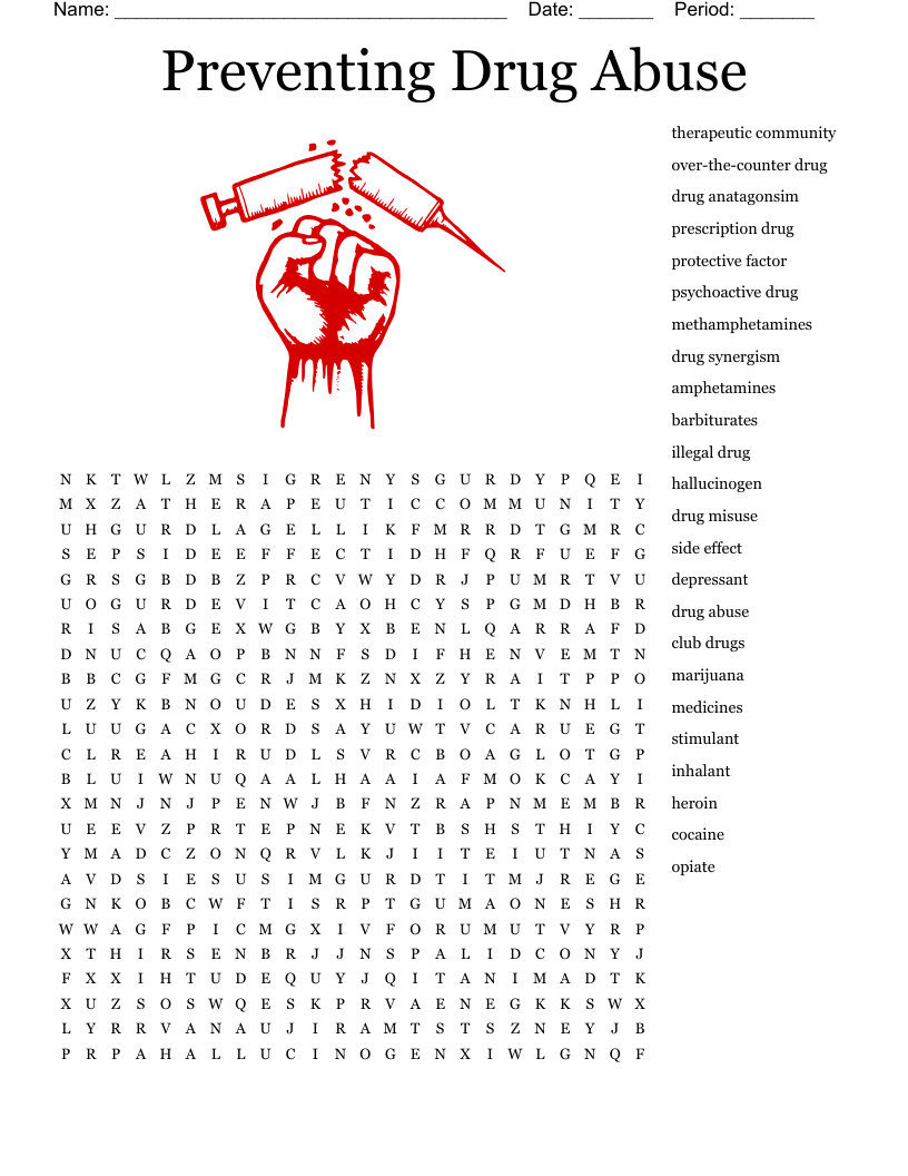 Substance Abuse Education Crossword Puzzle Word Search WordMint