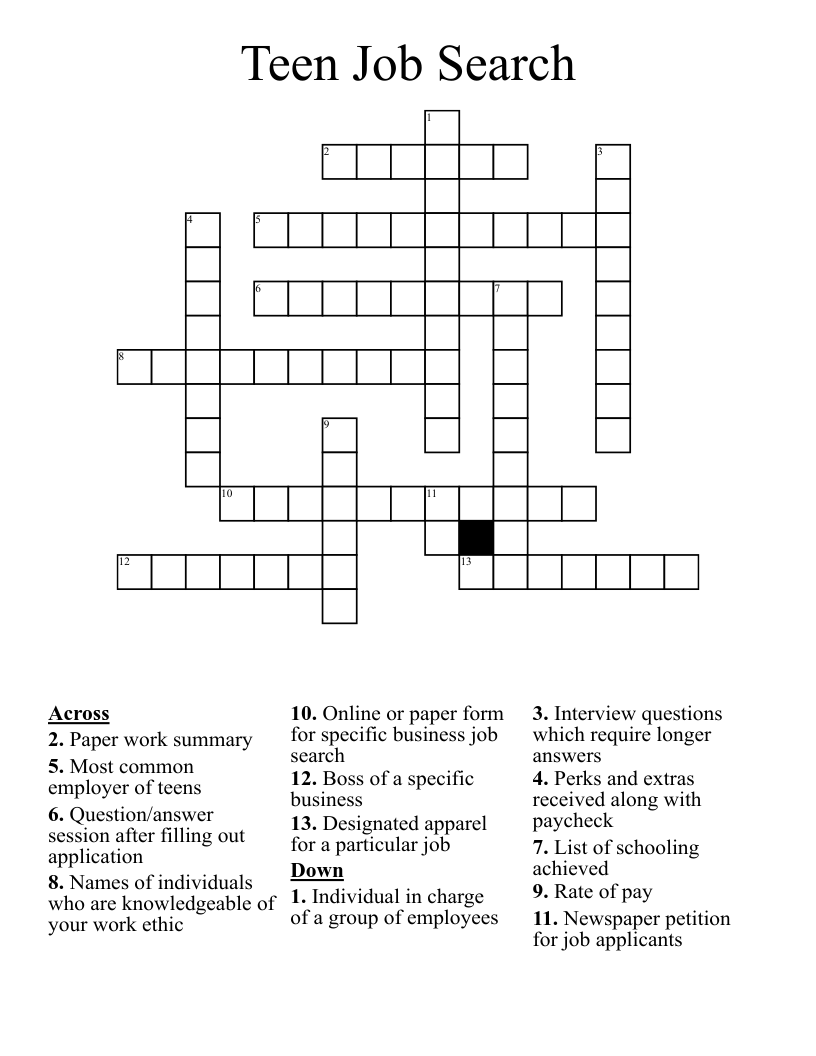 Teen Job Search Crossword WordMint