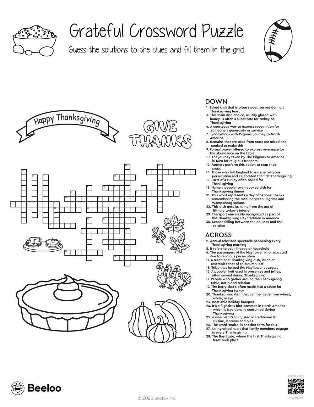 Thanksgiving themed Crossword Puzzles Beeloo Printable Crafts And Activities For Kids