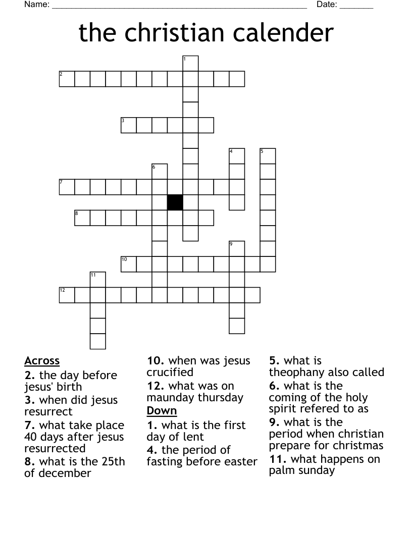The Christian Calender Crossword WordMint
