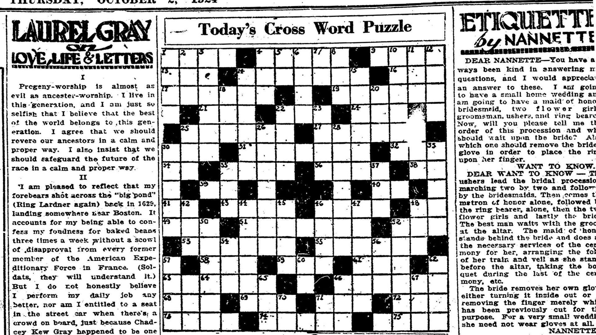 The Chronicle s First Crossword Puzzle From 1924 Ages Poorly
