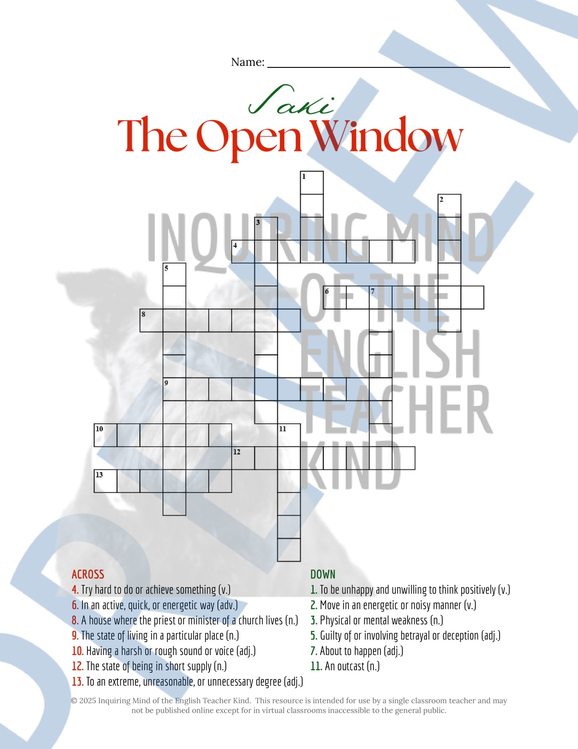 The Open Window By Saki Quiz Close Reading Worksheet And Vocabulary Games Bundle Made By Teachers