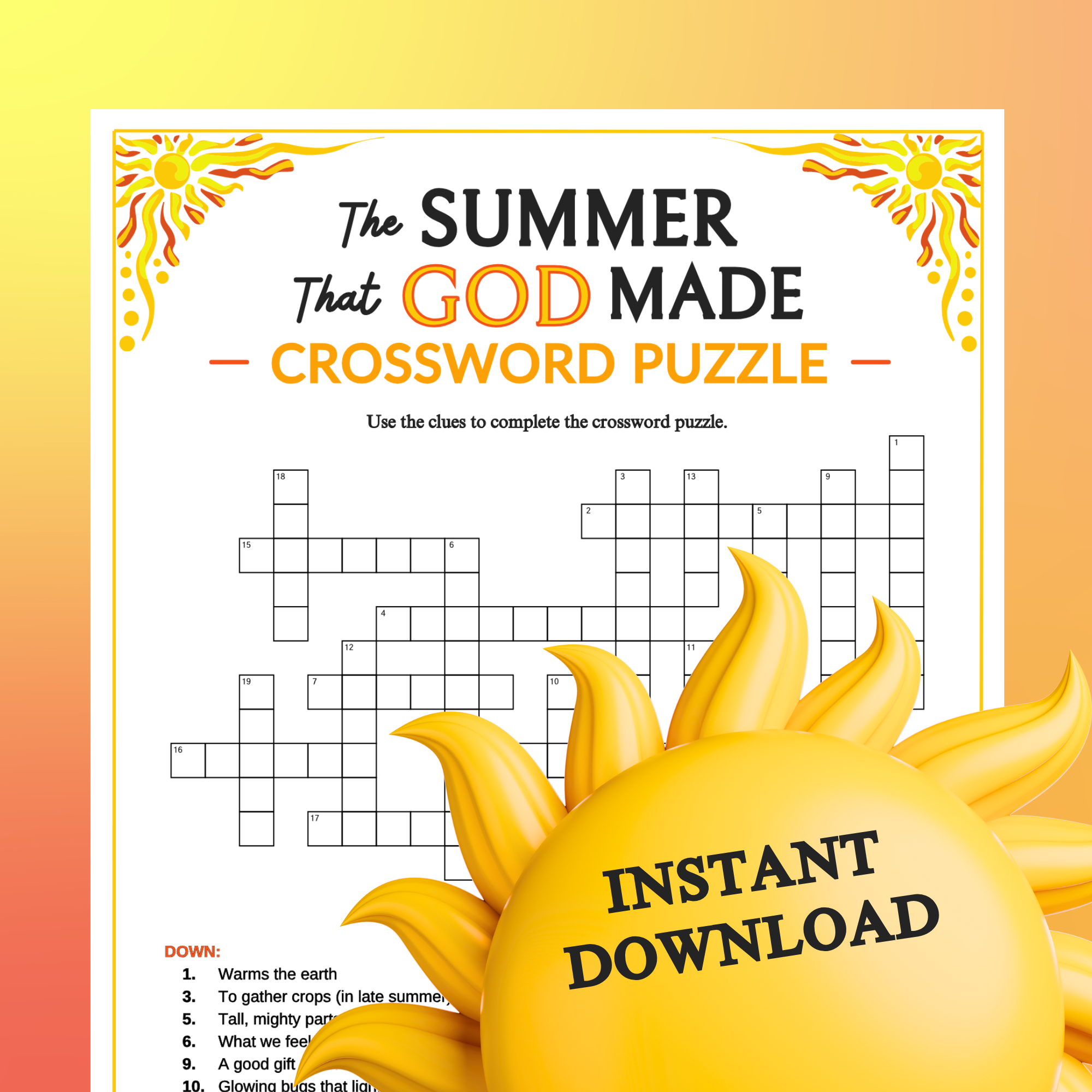 the summer that god made crossword puzzle printable for church kids teens adults sunday school ministry bible learning activity classful