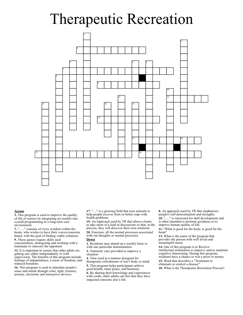 Therapeutic Recreation Crossword WordMint