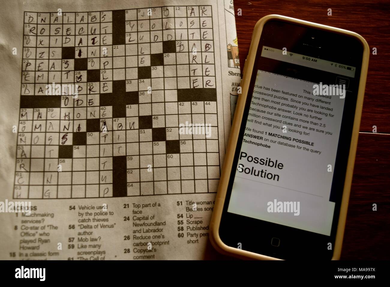 to solve the daily crossword puzzle i use my smartphone for possible solutions to the clues stock photo alamy