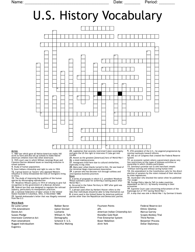 U S History Vocabulary Crossword WordMint