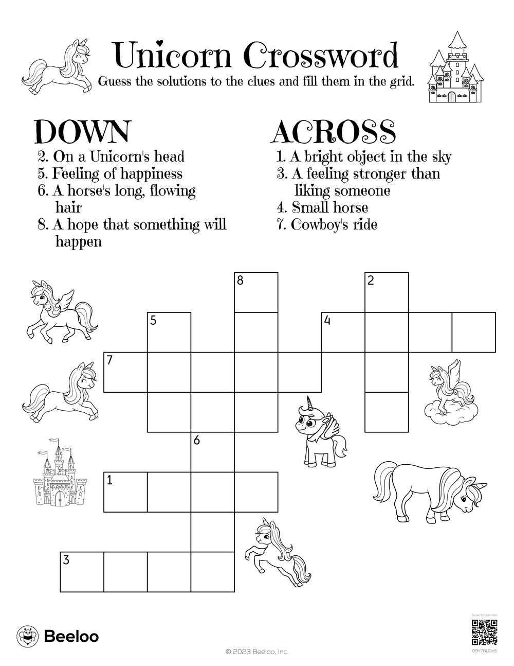 unicorn themed crossword puzzles beeloo printable crafts and activities for kids