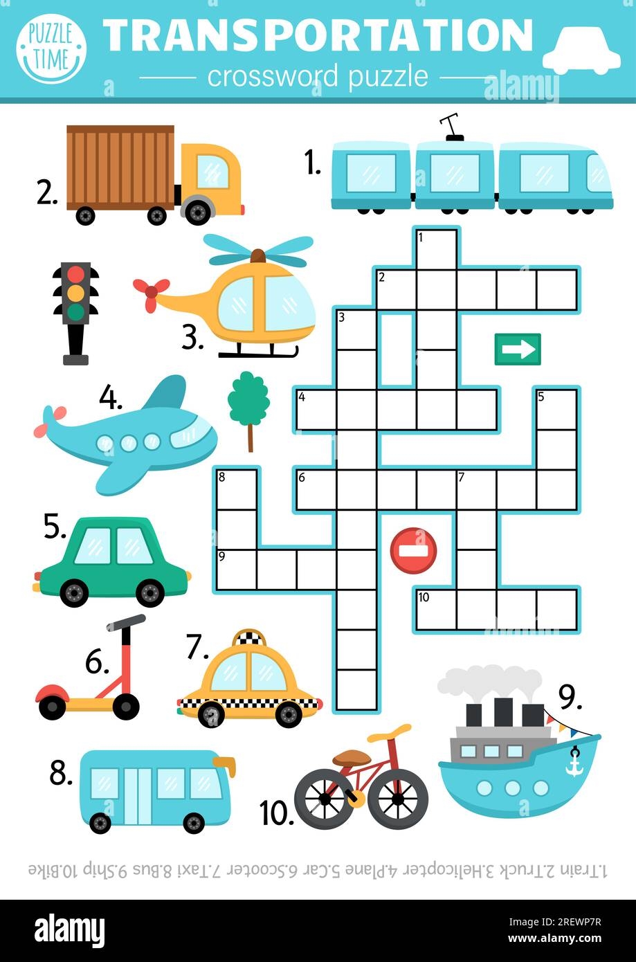 vector transportation crossword puzzle for kids simple quiz with car truck plane taxi ship bus scooter bike helicopter for children cute edu stock vector image art alamy