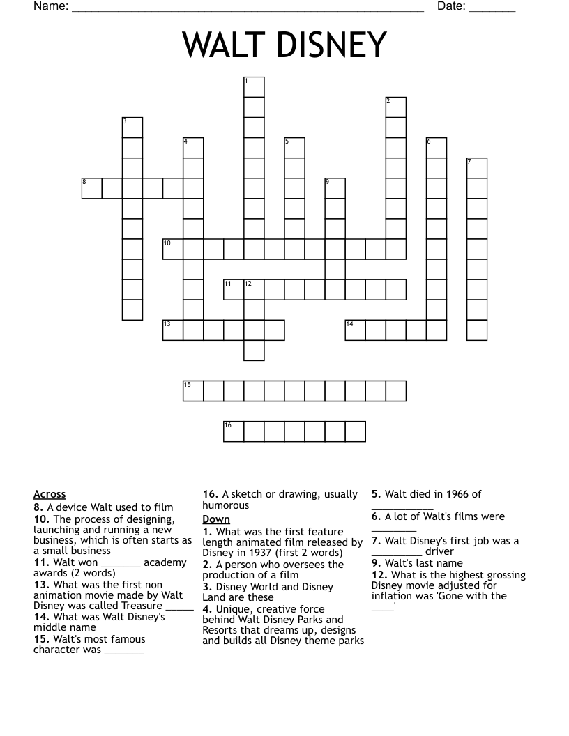 WALT DISNEY Crossword WordMint