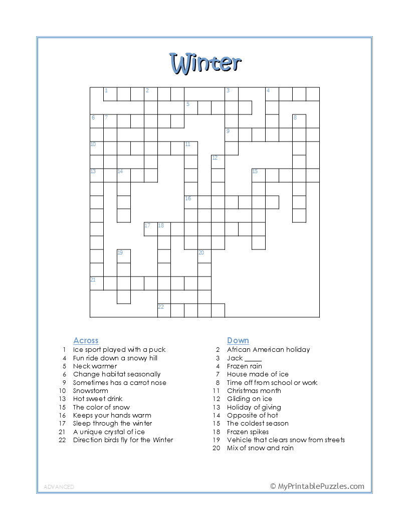 winter crossword puzzle advanced my printable puzzles